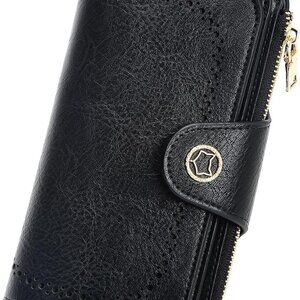Black women's RFID blocking PU leather trifold wallet with ID window and multipl